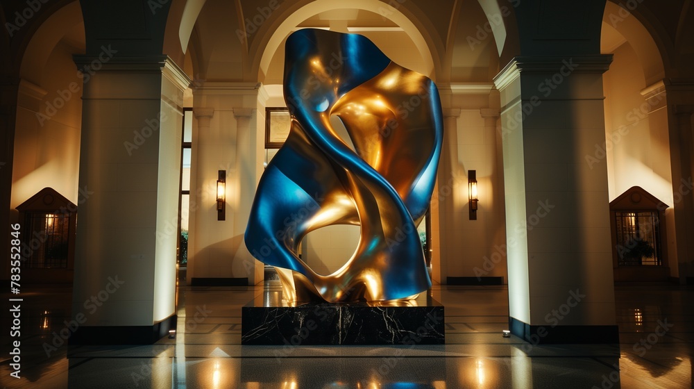 In a dimly lit gallery, a grandiose large blue and gold wall-mounted art sculpture emerges, towering over the viewers.