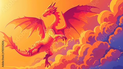 In this picture  a dragon is isolated on a grey gradient background with an orange and red gradient behind it.