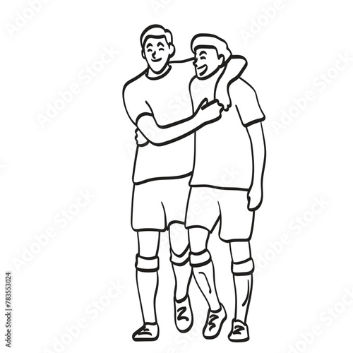 two male soccer player holding together with happiness illustration vector hand drawn isolated on white background