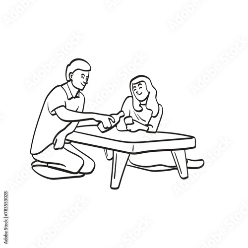 man pouring tea on cup of his girlfriend on small table illustration vector hand drawn isolated on white background