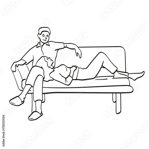 lover couple sitting on sofa together illustration vector hand drawn isolated on white background