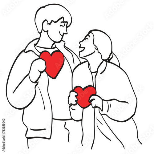 lover couple holding red heart illustration vector hand drawn isolated on white background