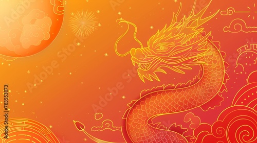 This is a classic Chinese New Year banner with a dragon on an orange and red gradient background decorated with line style decorations. The text reads: Fortune. Auspicious New Year.