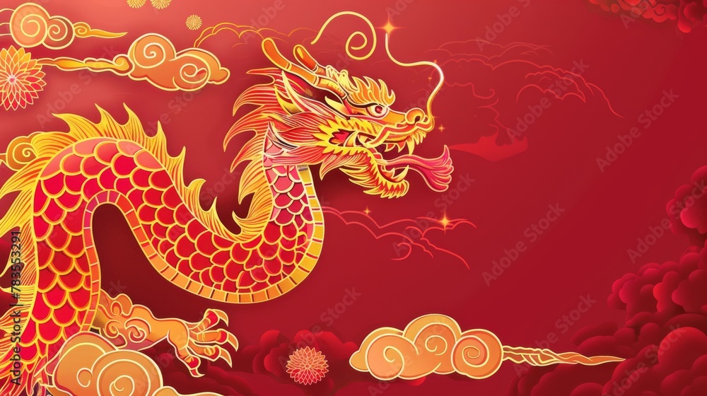 CNY template set with red and yellow dragons. Text reads: Auspicious New Year, Year of the Dragon.