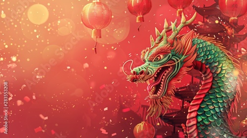 The elegant dragon stands out against a festive red background with lanterns, confetti, and mist. Text: Dragons bring prosperity to the world.