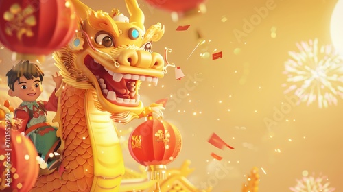 There are children riding on a dragon on a yellow background with flying lanterns, red envelopes, and fireworks. The text reads: Golden dragon celebrates and welcomes new year.