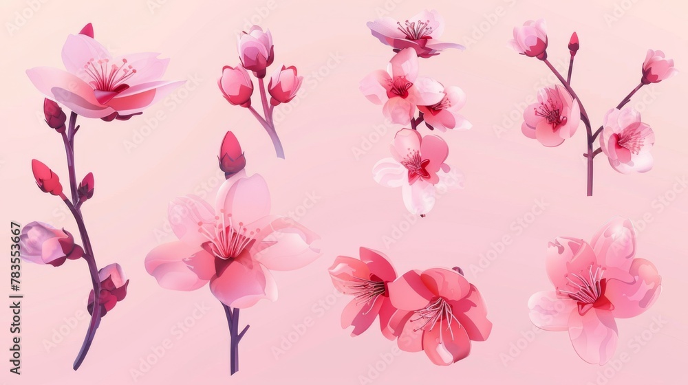 An elegant cherry blossom element set isolated on a light pink background. An elegant cherry blossom element set isolated on a light pink background.