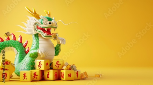 An illustration of dragons and Mahjong tiles on a yellow background. Translation  Win. Get rich.