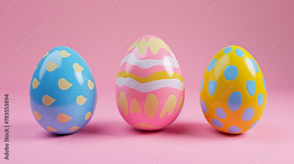 Embroidered Easter eggs on pink background isolated in 3D.