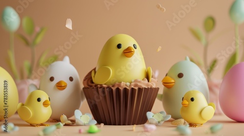 A chocolate shell surrounded by chicks and a cupcake on a beige background with 3D Easter eggs. © Антон Сальников