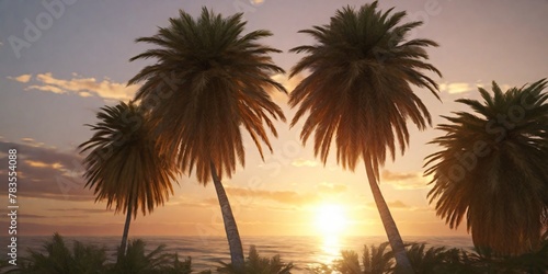 A palm tree at sunset  its fronds outlined by warm light summer beach background wallpaper
