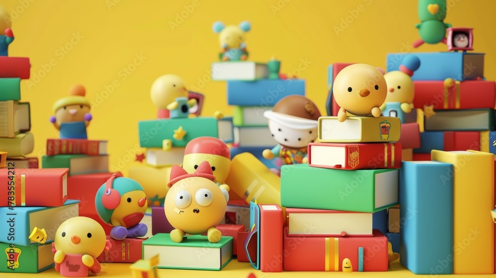 Cute characters surrounded by books in various sizes on yellow background. Cute characters surrounded by books in various sizes on yellow background.