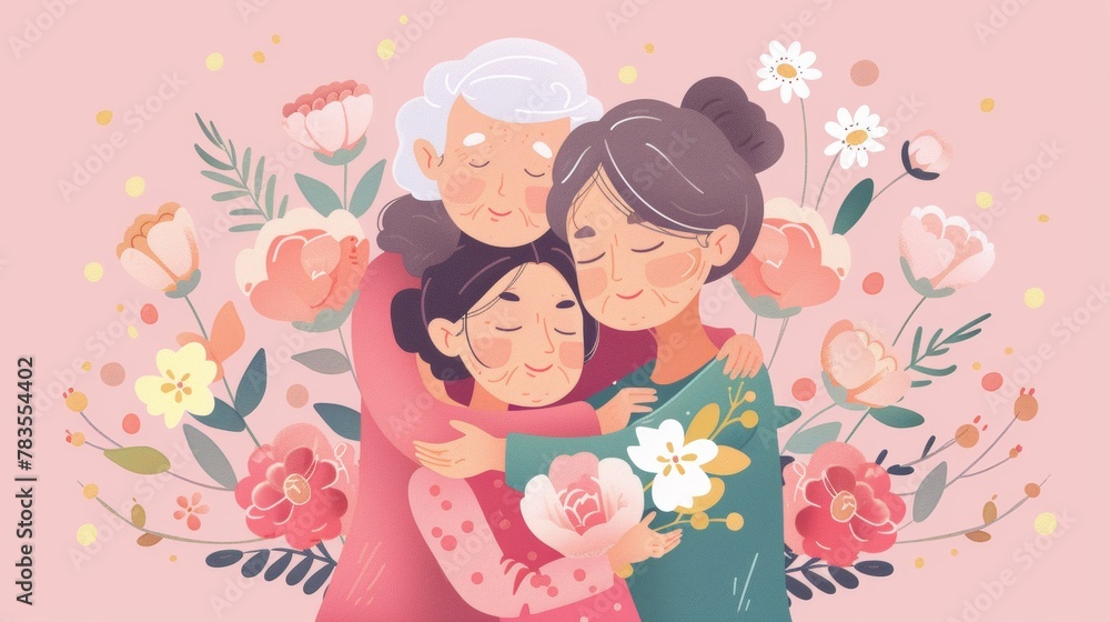 Greeting card with a grandmother, mother, and daughter hugging on a light pink background.