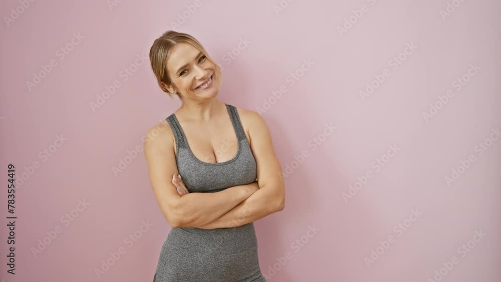 Confident young woman, with radiant smile and crossed arms, in sports gear poses cheerfully on isolated over pink background Confident young woman, with radiant smile and crossed arms, in sports gear poses cheerfully on isolated over pink background