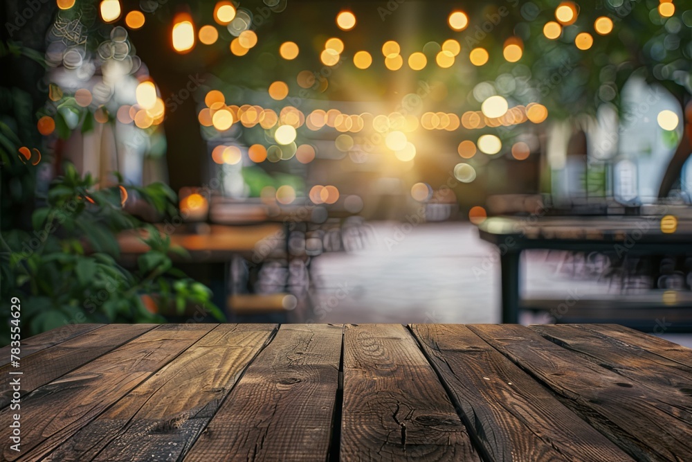 Empty Wooden Table Top with Blurred Bokeh Background of a Coffee Shop or Restaurant Interior at Night for Product Display Montage. Empty Wooden Table Top with Blurred Bokeh Background of a Coffee Shop or Restaurant Interior at Night for Product Display Montage.
