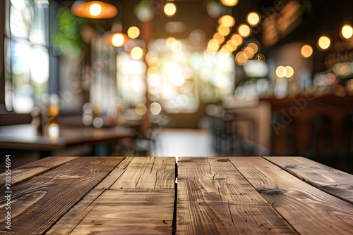 Empty Wooden Table Top with Blurred Bokeh Background of a Coffee Shop or Restaurant Interior at Night for Product Display Montage. 