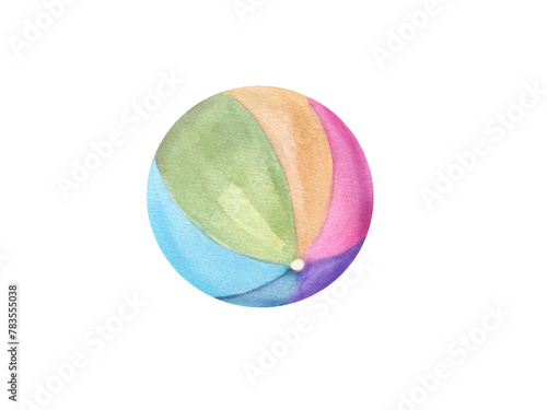 Kid multicolored Ball. Element for beach volleyball and water games. Child toy in rainbow colors. Watercolor illustration of beachball isolated on white background. Use for poster, sticker, print