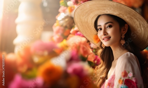 Elegant woman with silver hair, wearing summer hat and floral dress, amidst vibrant urban flowers, exuding grace and style