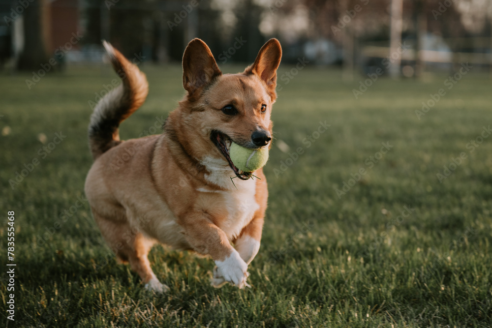 Corgi with Tail Running With Tennis Ball