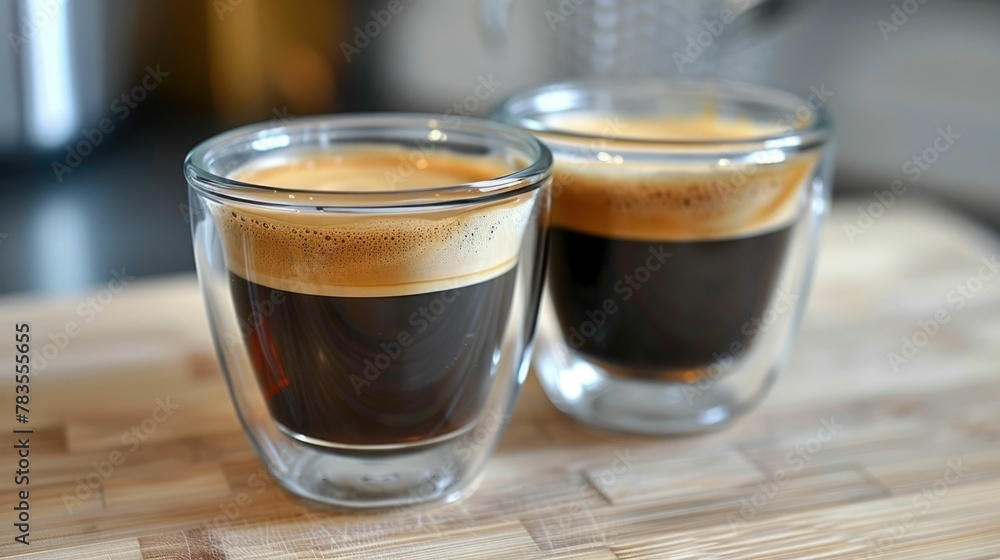 Delightful Double Espresso Burst of Aromatic Coffee Indulgence on Wooden Surface Delightful Double Espresso Burst of Aromatic Coffee Indulgence on Wooden Surface