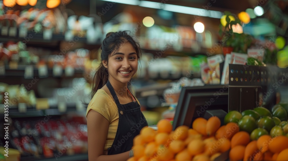 Indian woman cashier smiles for the camera while working at the supermarket Indian woman cashier smiles for the camera while working at the supermarket
