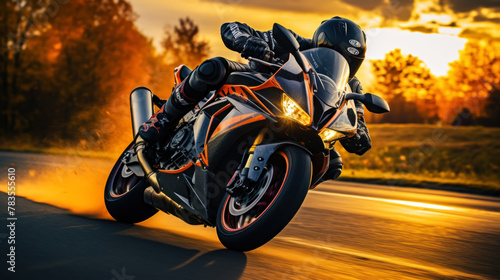 Photo of a rider on a sports motorcycle on an asphalt road. An atmosphere of speed and power. Generative AI photo