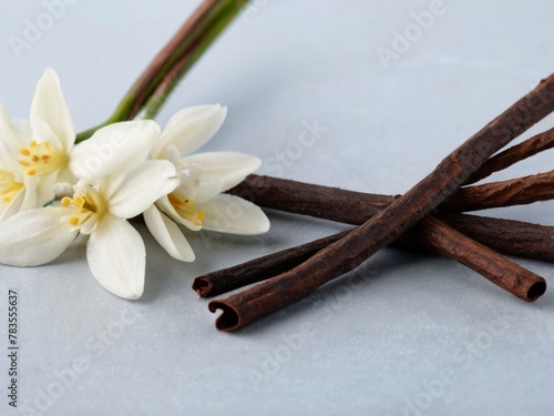 Aromatic vanilla sticks and flowers on grey background