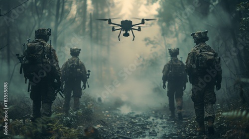 Soldiers and Drone Patrolling in a Misty Forest