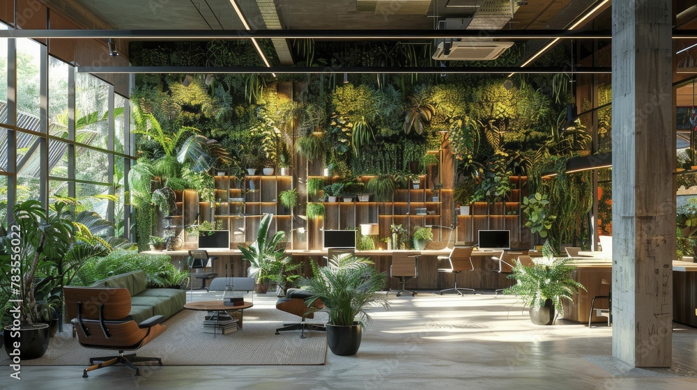 Naklejka premium Enhancing workplace wellness through biophilic design principles and integration of natural elements.