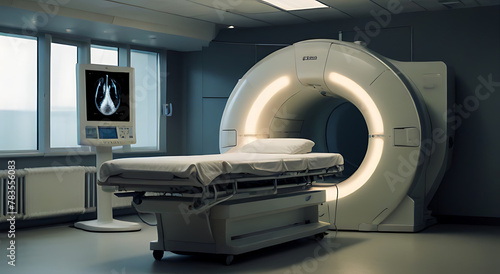 An advanced mri or ct scan medical diagnosis machine at hospital lab as wide banner with copy space area, empty room, 