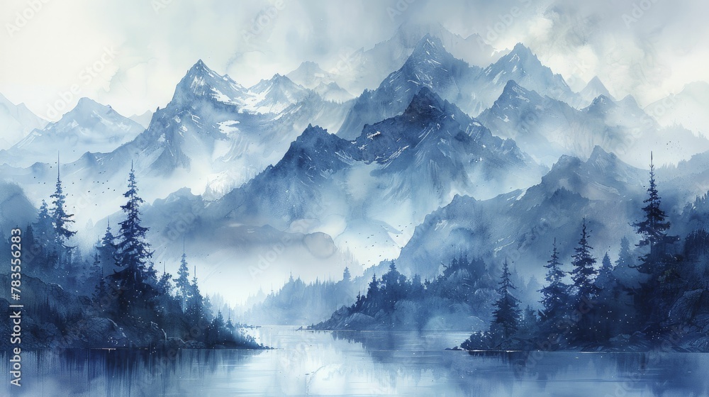 Calming Watercolor Mountains, Blending Dreams with Reality - obrazy, fototapety, plakaty 