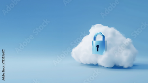 A radiant blue padlock on a voluminous cloud with a clear sky backdrop.