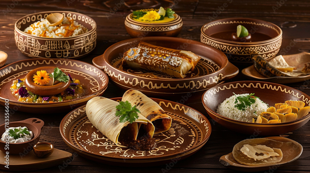 An array of traditional Mexican foods, such as tamales and mole, presented on plates adorned with intricate patterns in shades of gold.