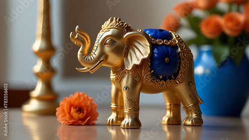A vastu Blue devil eye along with an elephant vastu statue and 10 vastu devil eye flowers in gold colour on fang sui item in bright light, isolated background, golds