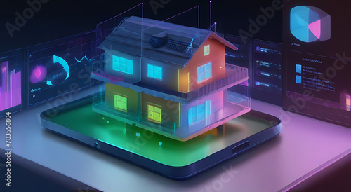 A professional digital marketing and promotional advertisement metrics and indicators dashboard for home sales and housing market evaluation hologram ,around a giant mobile app, hologram