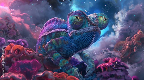 On a distant alien world  a Dazzlingly Colored Chameleon  donning Fashionable Sunglasses  navigates a surreal landscape of crystalline formations and iridescent flora.