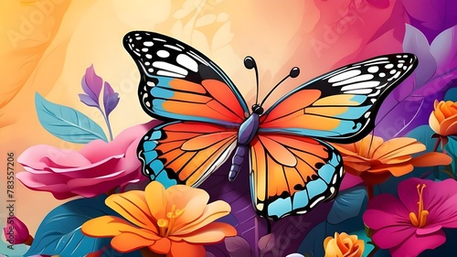 An artistic digital illustration depicting a whimsical summer butterfly resting gracefully on a vividly colored flower  surrounded by a colorful background that radiates the energy of summer. The art 