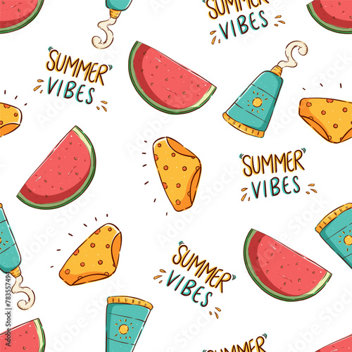 doodle summer pattern with watermelon, sunscreen, underware