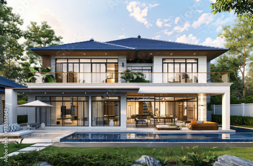 Modern and stylish two-story villa with blue tiled pool, panoramic windows, white walls and dark roof tiles in the tropical setting of Phuket Island, Thailand