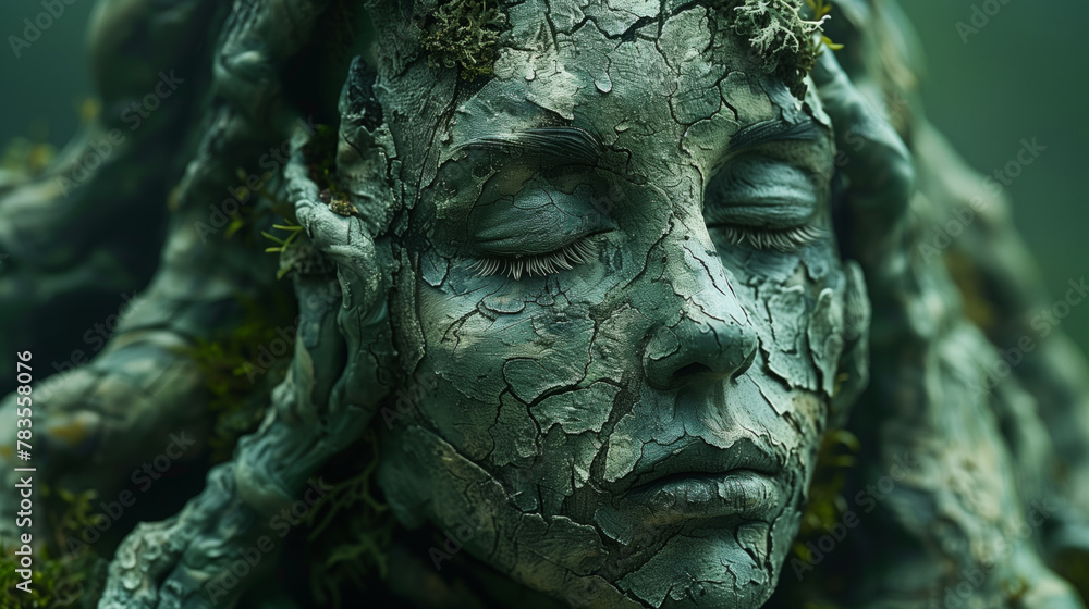 Cracked Stone Face Statue with Moss, Nature's Merge with Artistic Expression