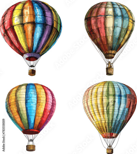 Color engraving raster illustration set of Air ballon isolated on white background