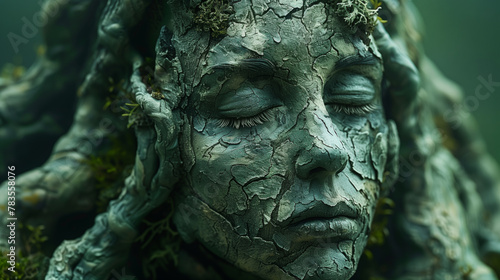 Cracked Stone Face Statue with Moss, Nature's Merge with Artistic Expression © oxart_studio