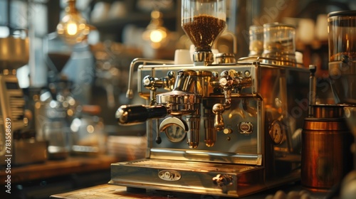 Antique Brass and Chrome Vintage Espresso Machine in a Cozy Cafe Setting a Nod to the History and Tradition of Coffee Making © Intelligent Horizons