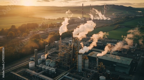 In a picturesque countryside setting a biofuel factory stands tall with its towering smokestacks emitting nothing but transparent vapors. This is made possible by the advanced carbon .