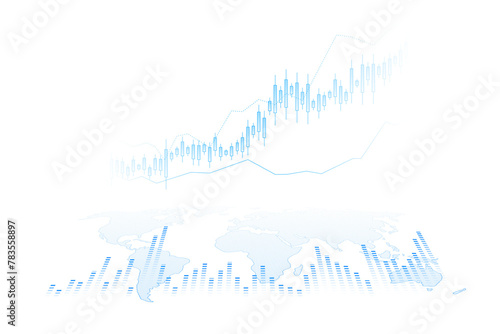 A fading blue financial candlestick chart overlaying a world map, conceptualizing global markets against a white background