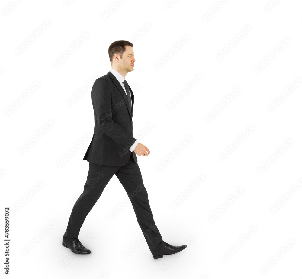 A businessman in a black suit walking, isolated on a white background, suitable as a template element for designs A businessman in a black suit walking, isolated on a white background, suitable as a template element for designs