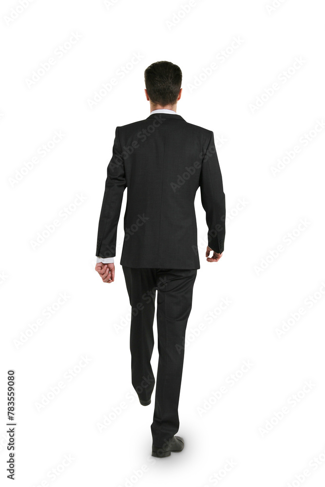 A man in a business suit walking away, isolated on a white background, depicting a corporate or professional concept A man in a business suit walking away, isolated on a white background, depicting a corporate or professional concept