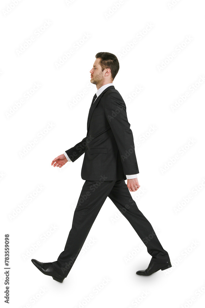 A man in a business suit walking isolated on a white background, ideal for clean design elements