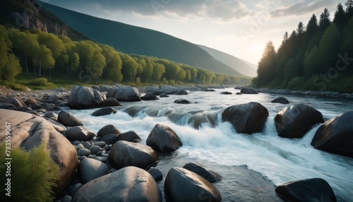 A serene river flows with smooth white water through a valley, flanked by green trees and large boulders under a soft sunset.. AI Generation. AI Generation photo