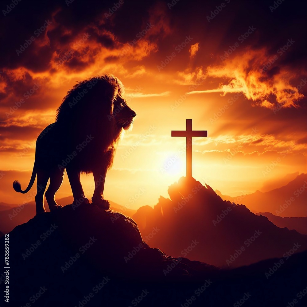 lion-silhouetted-against-the-sunset-bearing-the-cross-of-christ-stock